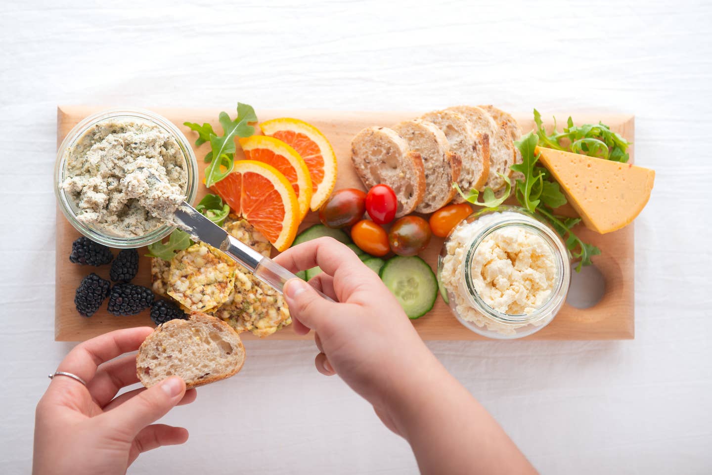 POV, Healthy Vegan Cheese, Fruit and Vegetables on Recycled Board
