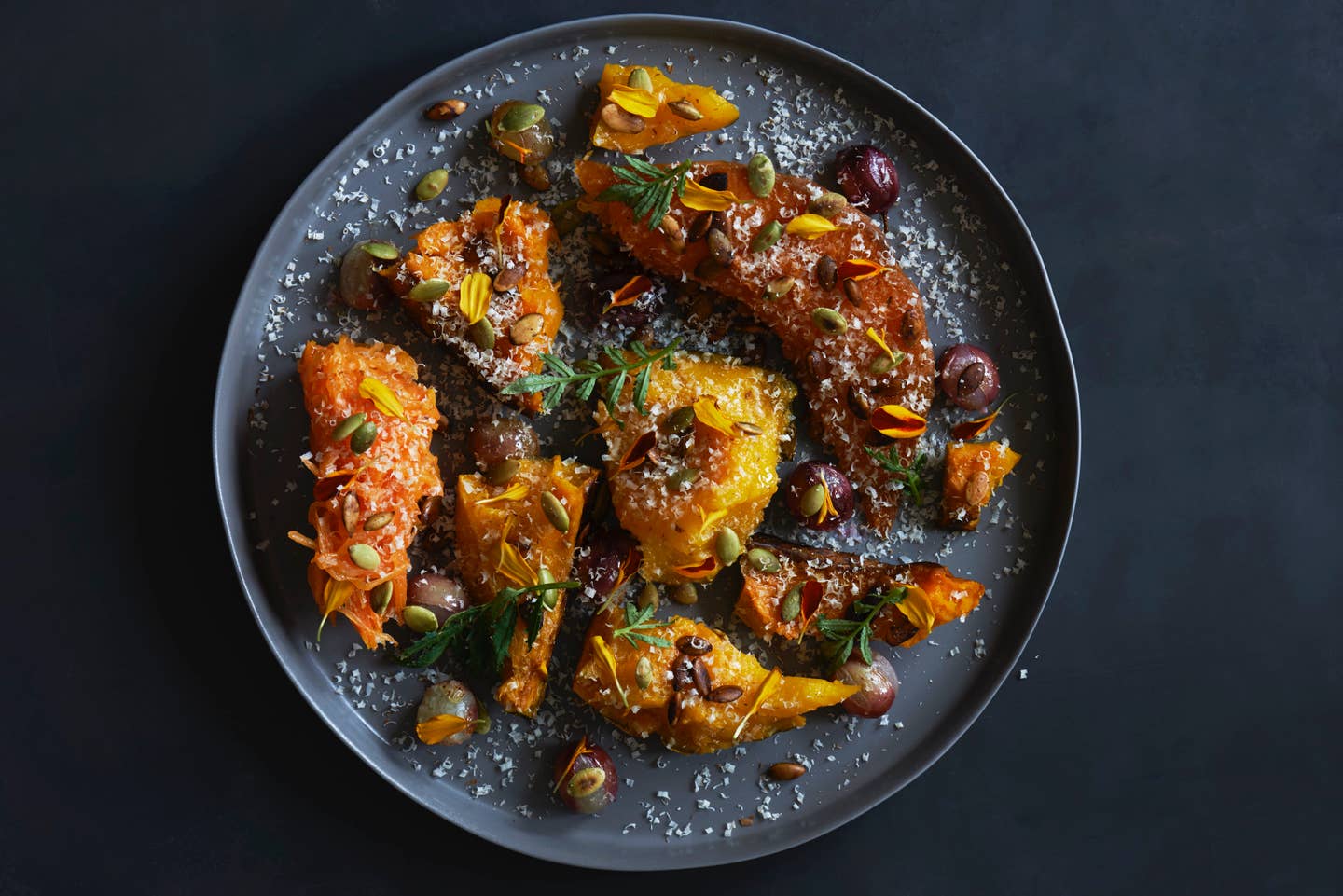 PUMPKINS ROASTED IN ALMOND OIL AND MAKRUT LIME LEAF.Roasted Grapes. Pepitas. Almond (1)-1